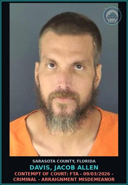 CCW arrest card for DAVIS, JACOB ALLEN in Sarasota County: CONTEMPT OF COURT: FTA - 09/03/2026 - CRIMINAL - ARRAIGNMENT MISDEMEANOR