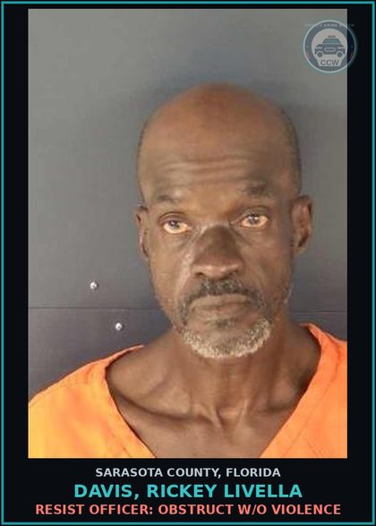 CCW arrest card for DAVIS, RICKEY LIVELLA in Sarasota County: SUBSTANCES-POSSESS: POSSESS CONTR SUBSTANCE W/O PRESCRP (CO. CAINE)
