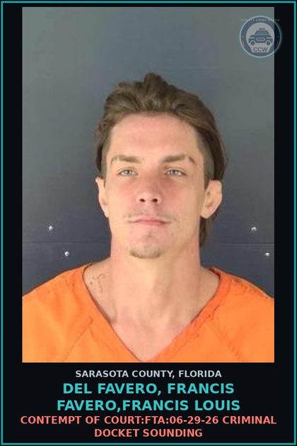 CCW arrest card for DEL FAVERO, FRANCIS FAVERO,FRANCIS LOUIS in Sarasota County: CONTEMPT OF COURT:FTA:06-29-26 CRIMINAL DOCKET SOUNDING