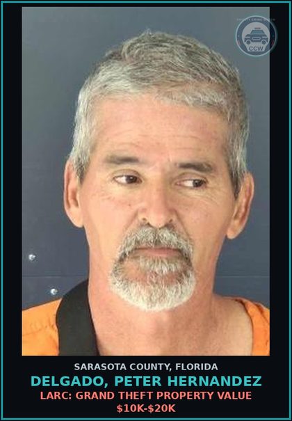 CCW arrest card for DELGADO, PETER HERNANDEZ in Sarasota County: LARC: GRAND THEFT PROPERTY VALUE $10K-$20K