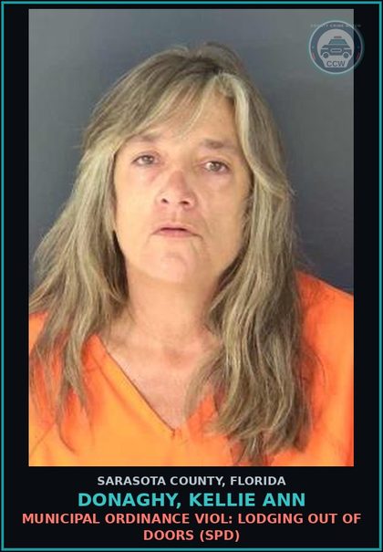 CCW arrest card for DONAGHY, KELLIE ANN in Sarasota County: MUNICIPAL ORDINANCE VIOL: LODGING OUT OF DOORS (SPD)