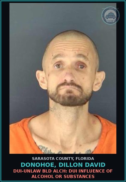 CCW arrest card for DONOHOE, DILLON DAVID in Sarasota County: SUBSTANCES-POSSESS: POSSESS CONTR SUBSTANCE W/O PRESCRP