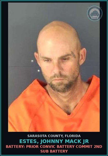 CCW arrest card for ESTES, JOHNNY MACK JR in Sarasota County: OBSTRUCTING JUSTICE: HARASS WITN REPORT OFFENSE VIOL FEL 3RD PROC