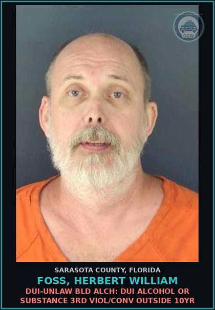 CCW arrest card for FOSS, HERBERT WILLIAM in Sarasota County: DUI-UNLAW BLD ALCH: DUI ALCOHOL OR SUBSTANCE 3RD VIOL/CONV OUTSIDE 10YR