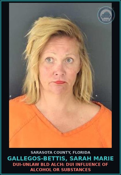 CCW arrest card for GALLEGOS-BETTIS, SARAH MARIE in Sarasota County: DUI-UNLAW BLD ALCH: DUI INFLUENCE OF ALCOHOL OR SUBSTANCES