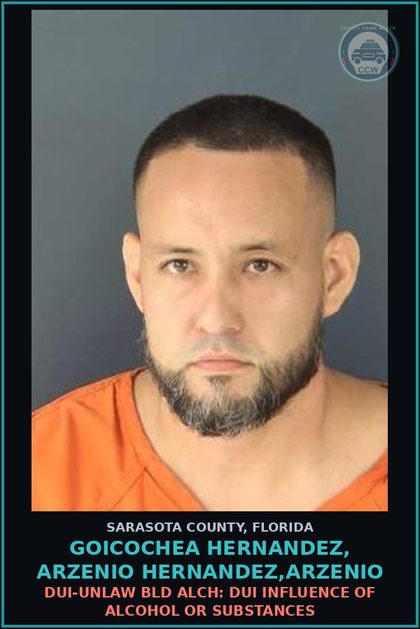 CCW arrest card for GOICOCHEA HERNANDEZ, ARZENIO HERNANDEZ,ARZENIO in Sarasota County: DUI-UNLAW BLD ALCH: DUI INFLUENCE OF ALCOHOL OR SUBSTANCES