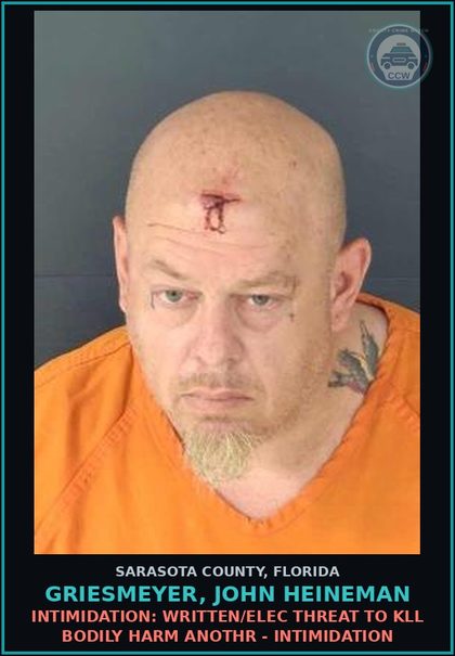 CCW arrest card for GRIESMEYER, JOHN HEINEMAN in Sarasota County: INTIMIDATION: WRITTEN/ELEC THREAT TO KLL BODILY HARM ANOTHR - INTIMIDATION