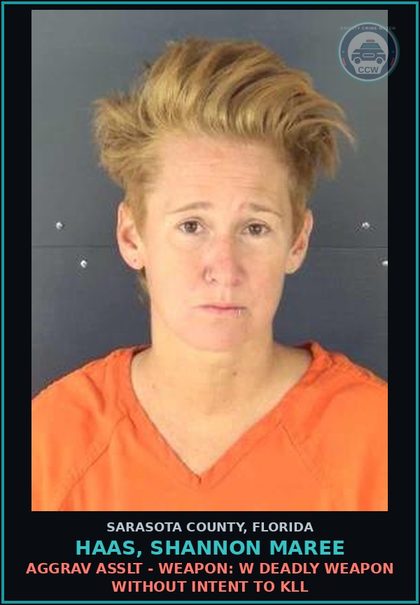 CCW arrest card for HAAS, SHANNON MAREE in Sarasota County: AGGRAV ASSLT - WEAPON: W DEADLY WEAPON WITHOUT INTENT TO KLL
