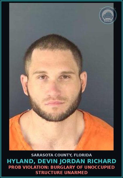 CCW arrest card for HYLAND, DEVIN JORDAN RICHARD in Sarasota County: LARC: GRAND THEFT PROPERTY VALUE $750-$5K