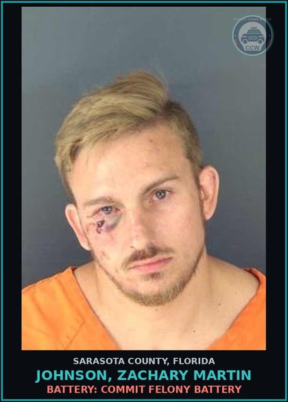 CCW arrest card for JOHNSON, ZACHARY MARTIN in Sarasota County: BATTERY: COMMIT FELONY BATTERY