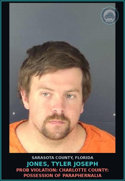 CCW arrest card for JONES, TYLER JOSEPH in Sarasota County: PROB VIOLATION: CHARLOTTE COUNTY: POSSESSION OF PARAPHERNALIA
