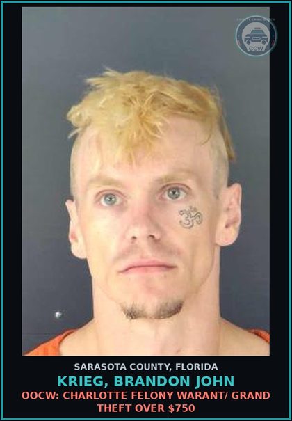 CCW arrest card for KRIEG, BRANDON JOHN in Sarasota County: OOCW: CHARLOTTE FELONY WARANT/ GRAND THEFT OVER $750