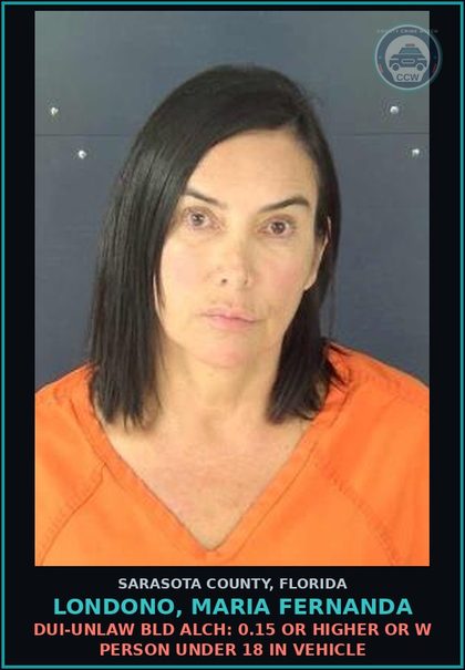 CCW arrest card for LONDONO, MARIA FERNANDA in Sarasota County: DUI-UNLAW BLD ALCH: 0.15 OR HIGHER OR W PERSON UNDER 18 IN VEHICLE