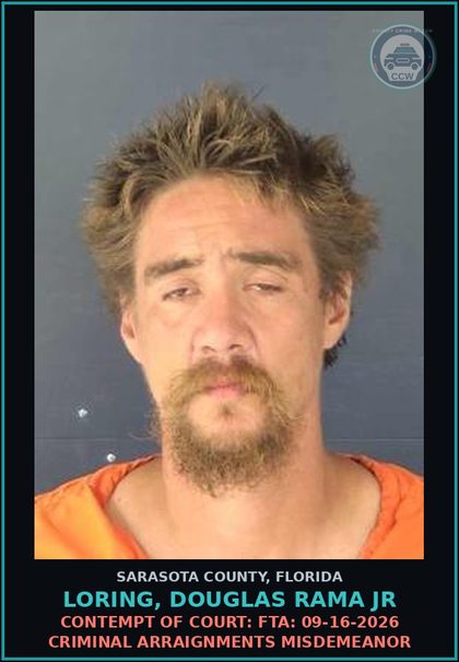 CCW arrest card for LORING, DOUGLAS RAMA JR in Sarasota County: CONTEMPT OF COURT: FTA: 09-16-2026 CRIMINAL ARRAIGNMENTS MISDEMEANOR