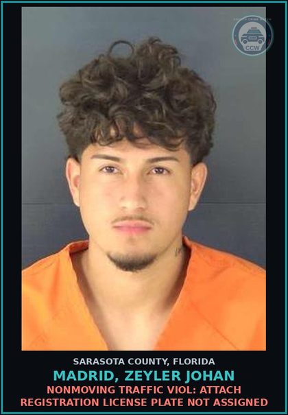 CCW arrest card for MADRID, ZEYLER JOHAN in Sarasota County: NONMOVING TRAFFIC VIOL: ATTACH REGISTRATION LICENSE PLATE NOT ASSIGNED