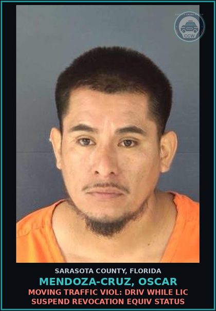CCW arrest card for MENDOZA-CRUZ, OSCAR in Sarasota County: MOVING TRAFFIC VIOL: DRIV WHILE LIC SUSPEND REVOCATION EQUIV STATUS