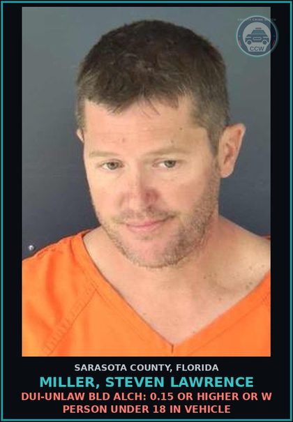 CCW arrest card for MILLER, STEVEN LAWRENCE in Sarasota County: DUI-UNLAW BLD ALCH: 0.15 OR HIGHER OR W PERSON UNDER 18 IN VEHICLE