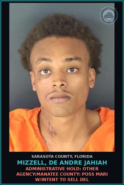 CCW arrest card for MIZZELL, DE ANDRE JAHIAH in Sarasota County: ADMINISTRATIVE HOLD: OTHER AGENCY:MANATEE COUNTY: POSS MARI W/INTENT TO SELL DEL