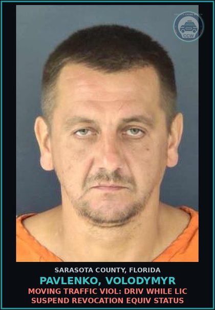 CCW arrest card for PAVLENKO, VOLODYMYR in Sarasota County: MOVING TRAFFIC VIOL: DRIV WHILE LIC SUSPEND REVOCATION EQUIV STATUS