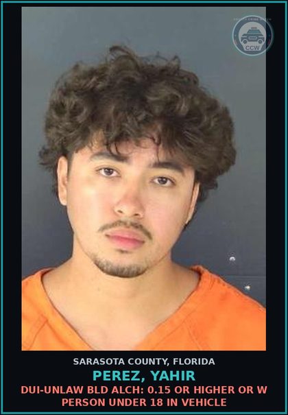 CCW arrest card for PEREZ, YAHIR in Sarasota County: DUI-UNLAW BLD ALCH: 0.15 OR HIGHER OR W PERSON UNDER 18 IN VEHICLE