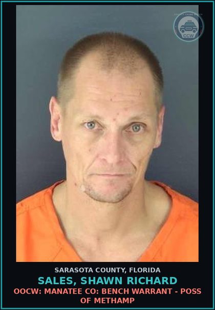 CCW arrest card for SALES, SHAWN RICHARD in Sarasota County: OOCW: MANATEE CO: BENCH WARRANT - POSS OF METHAMP