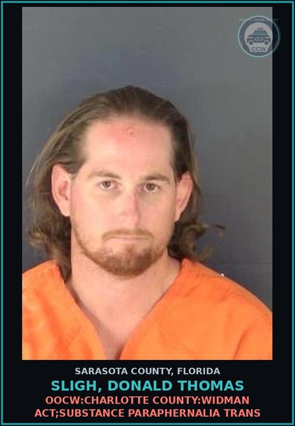 CCW arrest card for SLIGH, DONALD THOMAS in Sarasota County: OOCW:CHARLOTTE COUNTY:WIDMAN ACT;SUBSTANCE PARAPHERNALIA TRANS