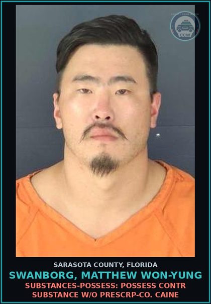 CCW arrest card for SWANBORG, MATTHEW WON-YUNG in Sarasota County: SUBSTANCES-POSSESS: POSSESS CONTR SUBSTANCE W/O PRESCRP-CO. CAINE
