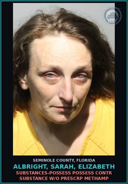 CCW arrest card for ALBRIGHT, SARAH, ELIZABETH in Seminole County: DRUGS-POSSESS POSSESS contr substance W/O PRESCRIPTION Methamp