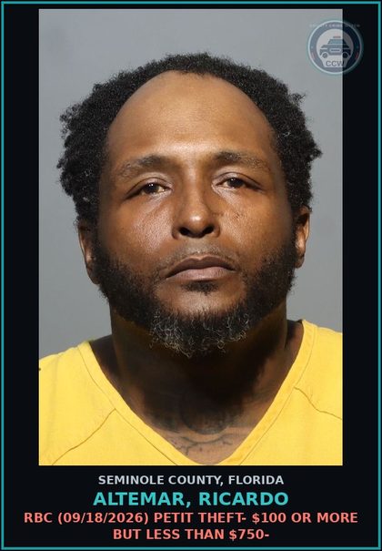 CCW arrest card for ALTEMAR, RICARDO in Seminole County: RBC (09/18/2026) PETIT THEFT- $100 OR MORE BUT LESS THAN $750-