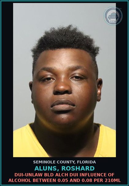 CCW arrest card for ALUNS, ROSHARD in Seminole County: DUI-UNLAW BLD ALCH DUI INFLUENCE OF ALCOHOL BETWEEN 0.05 AND 0.08 PER 210ML
