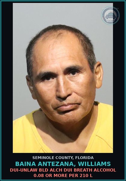 CCW arrest card for BAINA ANTEZANA, WILLIAMS in Seminole County: DUI-UNLAW BLD ALCH DUI BREATH ALCOHOL 0.08 OR MORE PER 210 L