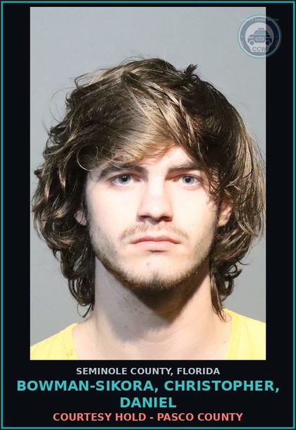 CCW arrest card for BOWMAN-SIKORA, CHRISTOPHER, DANIEL in Seminole County: COURTESY HOLD - PASCO COUNTY