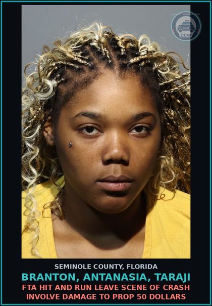 CCW arrest card for BRANTON, ANTANASIA, TARAJI in Seminole County: FTA HIT AND RUN LEAVE SCENE OF CRASH INVOLVE DAMAGE TO PROP 50 DOLLARS