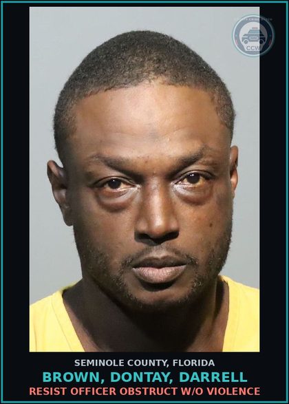 CCW arrest card for BROWN, DONTAY, DARRELL in Seminole County: MOVING TRAFFIC VIOL DWLSR OR REVOCATION EQUIV STATUS