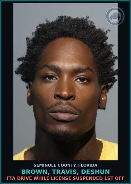 CCW arrest card for BROWN, TRAVIS, DESHUN in Seminole County: FTA DRIVE WHILE LICENSE SUSPENDED 1ST OFF