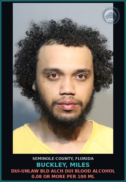 CCW arrest card for BUCKLEY, MILES in Seminole County: DUI-UNLAW BLD ALCH DUI BLOOD ALCOHOL 0.08 OR MORE PER 100 ML