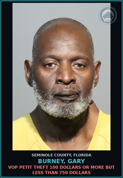CCW arrest card for BURNEY, GARY in Seminole County: VOP PETIT THEFT 100 DOLLARS OR MORE BUT LESS THAN 750 DOLLARS