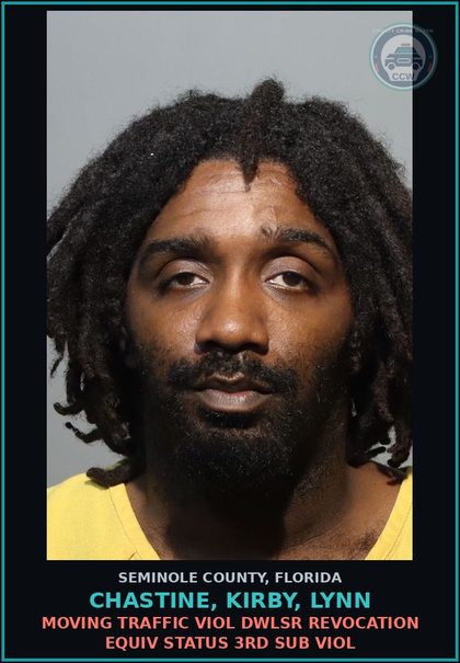 CCW arrest card for CHASTINE, KIRBY, LYNN in Seminole County: MOVING TRAFFIC VIOL DWLSR REVOCATION EQUIV STATUS 3RD SUB VIOL