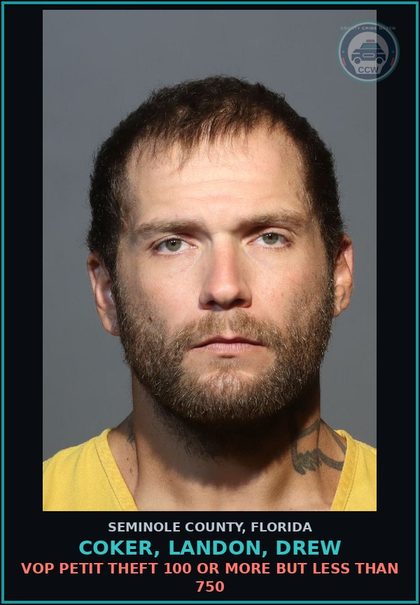 CCW arrest card for COKER, LANDON, DREW in Seminole County: VOP PETIT THEFT 100 OR MORE BUT LESS THAN 750