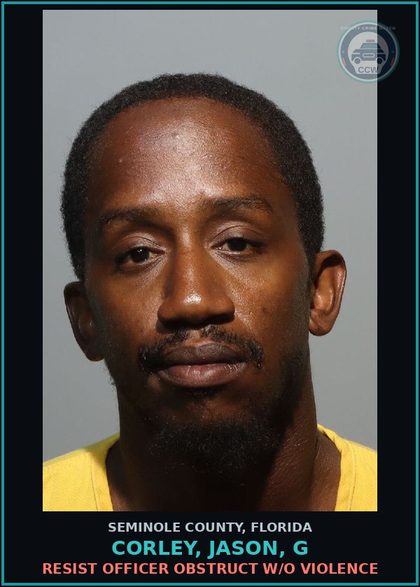 CCW arrest card for CORLEY, JASON, G in Seminole County: RESIST OFFICER OBSTRUCT W/O VIOLENCE