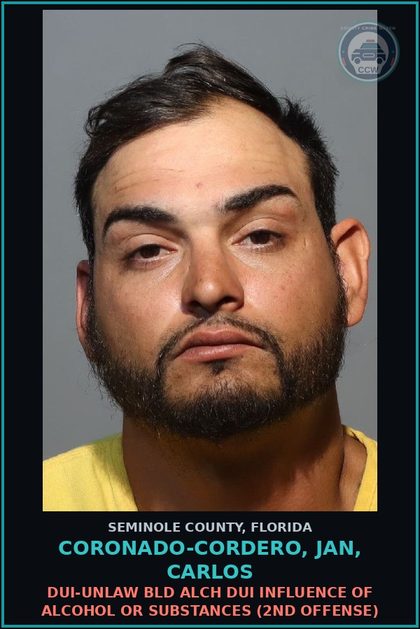 CCW arrest card for CORONADO-CORDERO, JAN, CARLOS in Seminole County: DUI-UNLAW BLD ALCH DUI INFLUENCE OF ALCOHOL OR DRUGS (2ND OFFENSE)