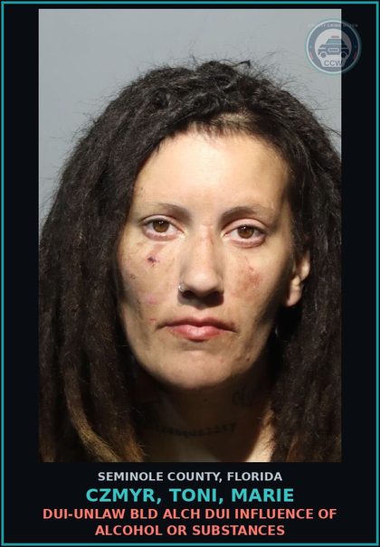 CCW arrest card for CZMYR, TONI, MARIE in Seminole County: DUI-UNLAW BLD ALCH DUI INFLUENCE OF ALCOHOL OR DRUGS