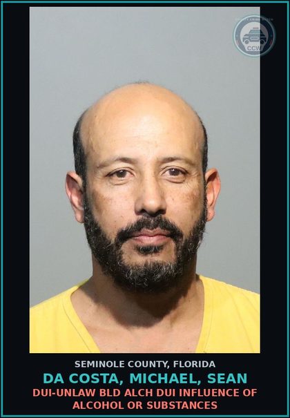 CCW arrest card for DA COSTA, MICHAEL, SEAN in Seminole County: DUI-UNLAW BLD ALCH DUI INFLUENCE OF ALCOHOL OR DRUGS