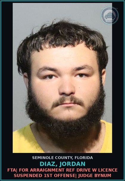 CCW arrest card for DIAZ, JORDAN in Seminole County: FTA| FOR ARRAIGNMENT REF DRIVE W LICENCE SUSPENDED 1ST OFFENSE| JUDGE BYNUM
