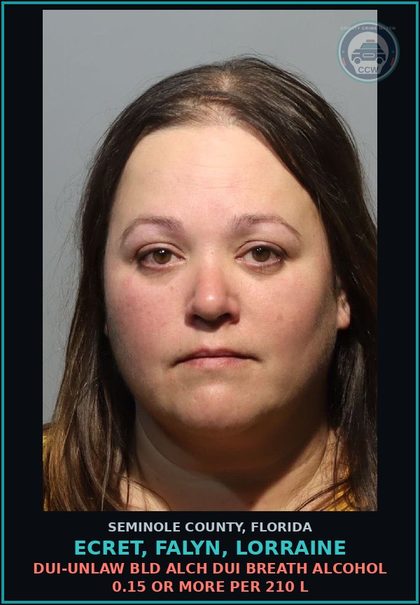 CCW arrest card for ECRET, FALYN, LORRAINE in Seminole County: DUI-UNLAW BLD ALCH DUI BREATH ALCOHOL 0.15 OR MORE PER 210 L