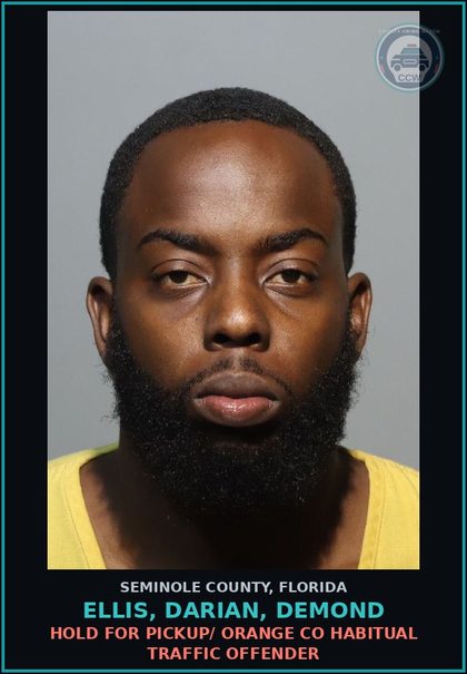 CCW arrest card for ELLIS, DARIAN, DEMOND in Seminole County: HOLD FOR PICKUP/ ORANGE CO HABITUAL TRAFFIC OFFENDER