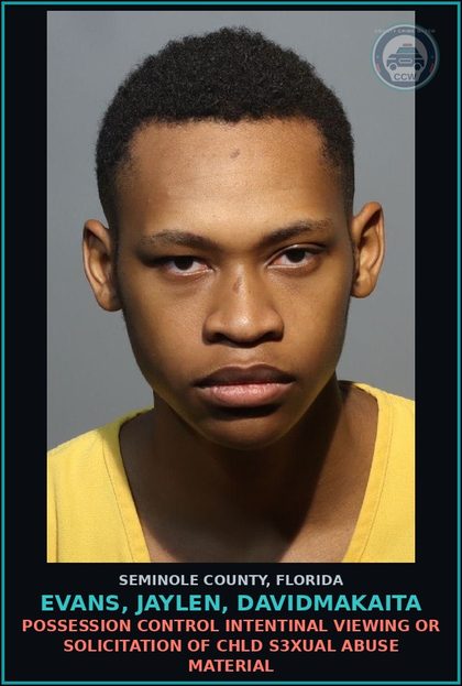 CCW arrest card for EVANS, JAYLEN, DAVIDMAKAITA in Seminole County: POSSESSION CONTROL INTENTINAL VIEWING OR SOLICITATION OF chld s3xual ABUSE MATERIAL