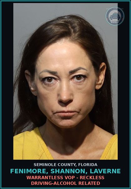 CCW arrest card for FENIMORE, SHANNON, LAVERNE in Seminole County: WARRANTLESS VOP - RECKLESS DRIVING-ALCOHOL RELATED