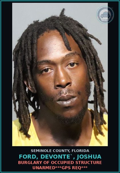 CCW arrest card for FORD, DEVONTE`, JOSHUA in Seminole County: VOLUSIA CO| FTA REF FWC LEVEL 2 1ST OFFENSE
