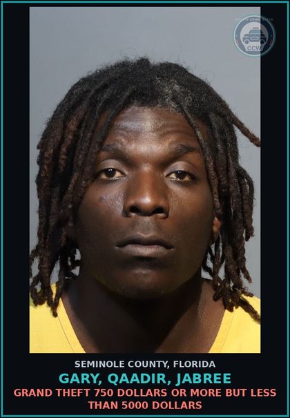 CCW arrest card for GARY, QAADIR, JABREE in Seminole County: GRAND THEFT 750 DOLLARS OR MORE BUT LESS THAN 5000 DOLLARS